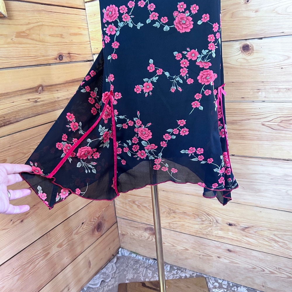 Vintage Asian Dress Women Small Black Pink Floral Y2K Goth Glam Party Ruby Rox - Picture 3 of 13